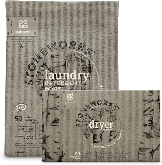Grab Green Stoneworks Laundry Detergent Pods and Dryer Sheet Bundle, Birch by GrabGreen