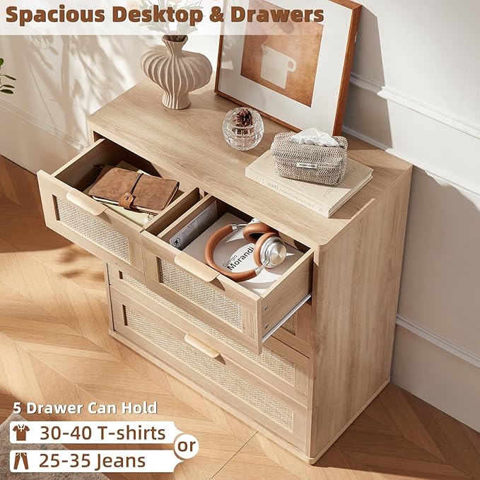 LEYAOYAO Rattan Dresser for Bedroom, 33.5" Tall Chest of Drawers, Modern 5 - Image 5