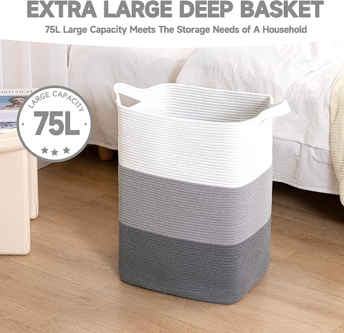 CLHMILY&Z 75L Laundry Basket Rectangular Grey Rope - Image 4