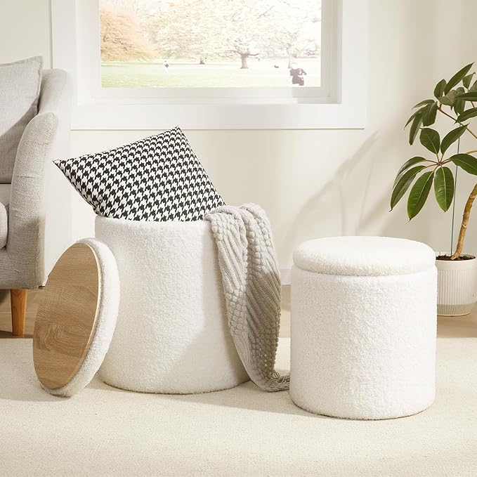 Boucle Round Ottoman with Storage Set of 2, Small Foot Stool Ottoman by RoyalWindsor