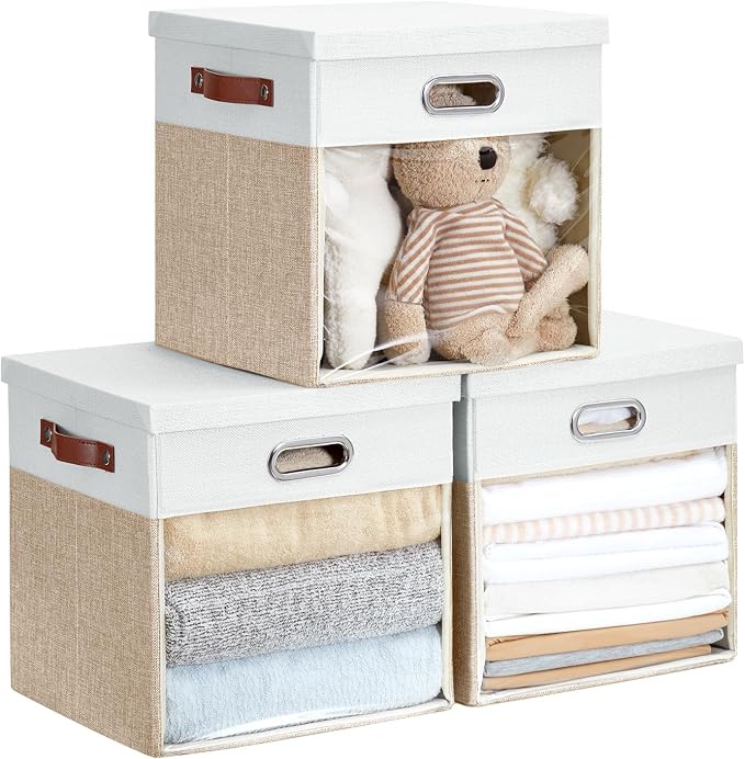 Fabric Storage Cubes with Clear Windows and Lids, Decorative Storage Boxes