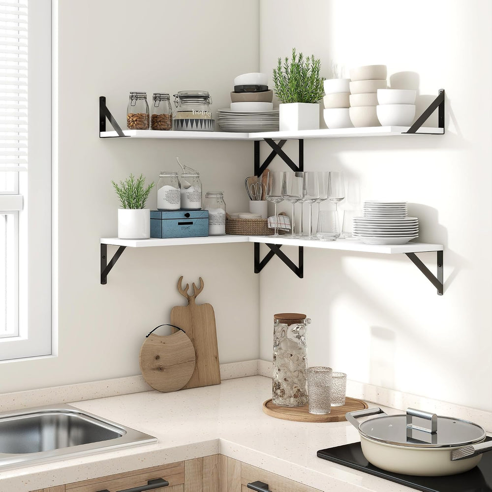 Axeman 48 Inch Floating Shelves, 8 Inch Deep White Wall Shelves Set of 2