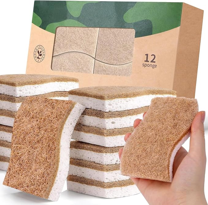 12Pack Natural Kitchen Sponge, Biodegradable Cellulose and Coconut Scrubber by JiedHiur