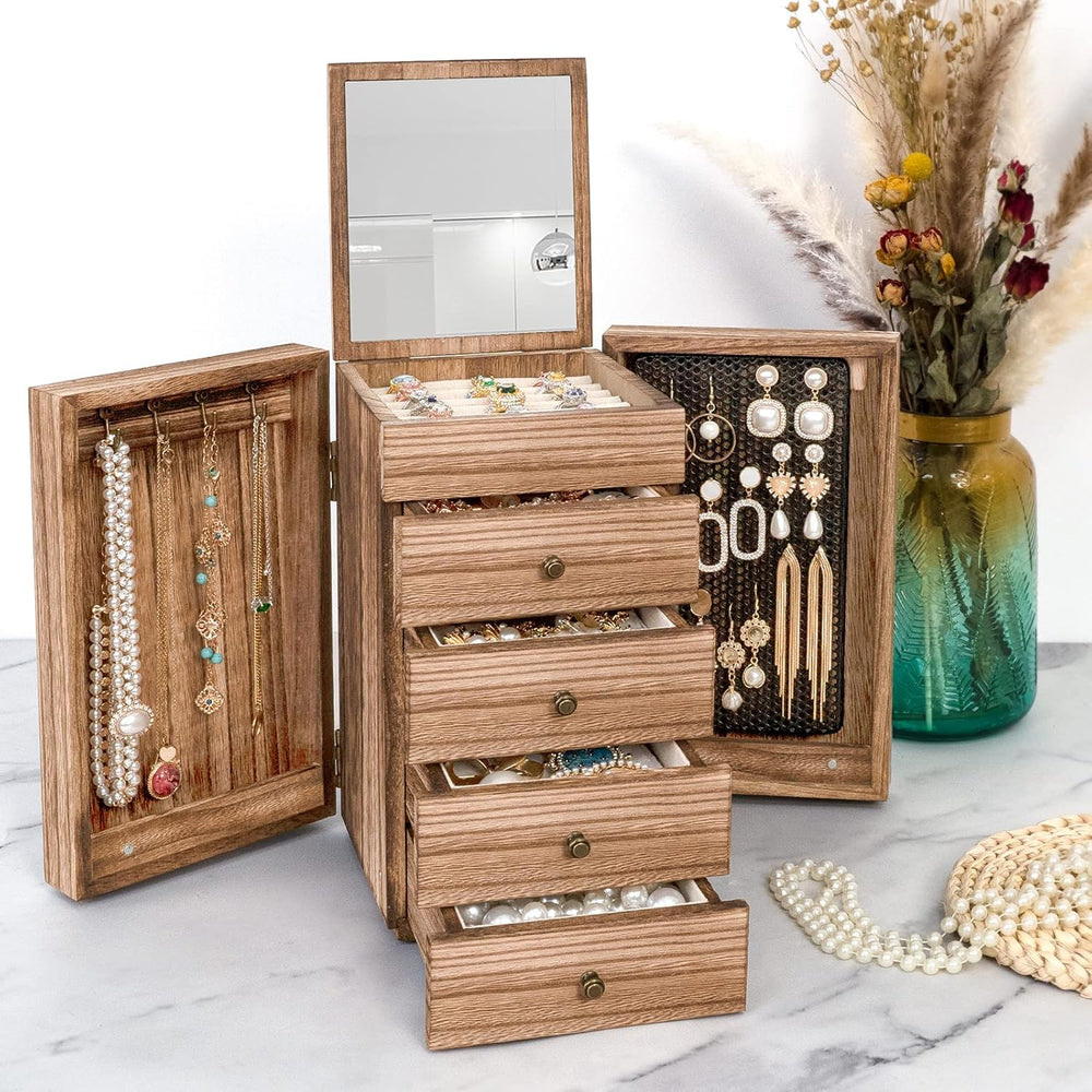 Meangood Jewelry Box Wood for Women, 5-Layer Large Organizer Box with Mirror ...
