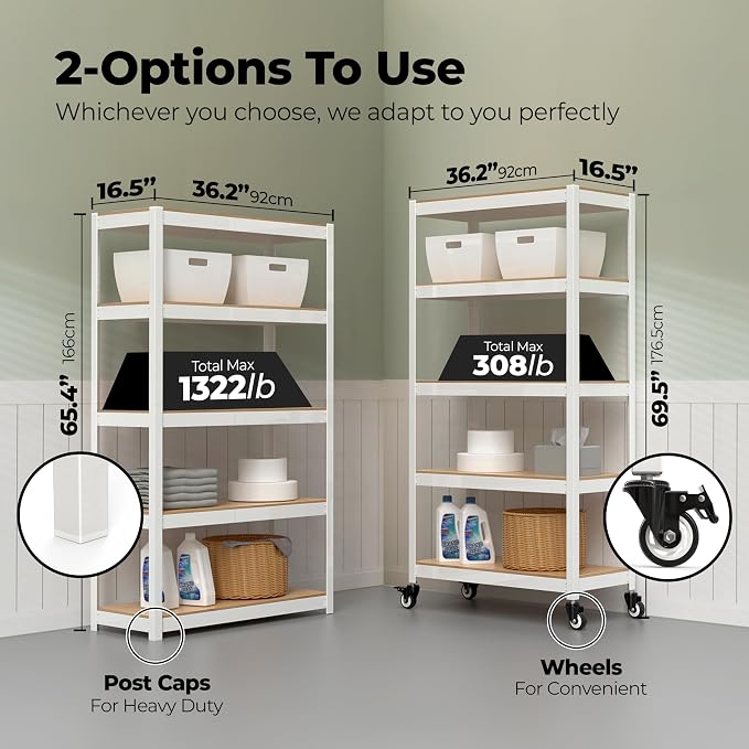 HOMEDANT House White 5-Tier Metal Rolling Cart Shelf Rack Casters Heavy Duty - Image 2