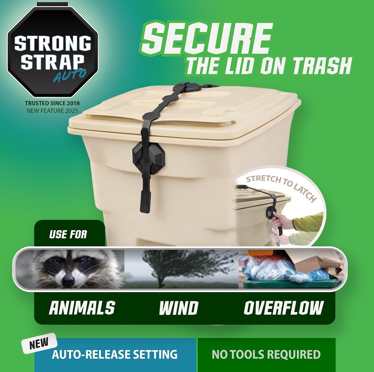 Blazer Brand Strong Strap AUTO Outdoor Trash Lid Lock – Curbside Gravity Release Setting, Fits 32–96 Gallon Cans, No Tools Required (1 Pack) Mitigate Pests, Wind, Overflow, and Spillage
