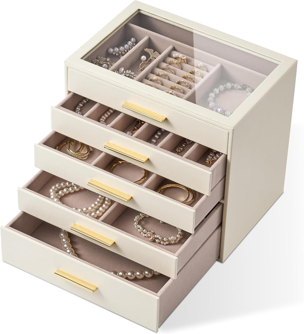 Jewelry Box Organizer Storage Case, 5-Layer with Glass Window, White