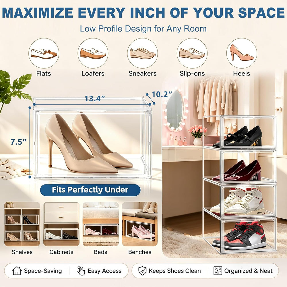 12 Pack Low Profile Clear Shoe Storage Box for Flats,Loafers,Heels