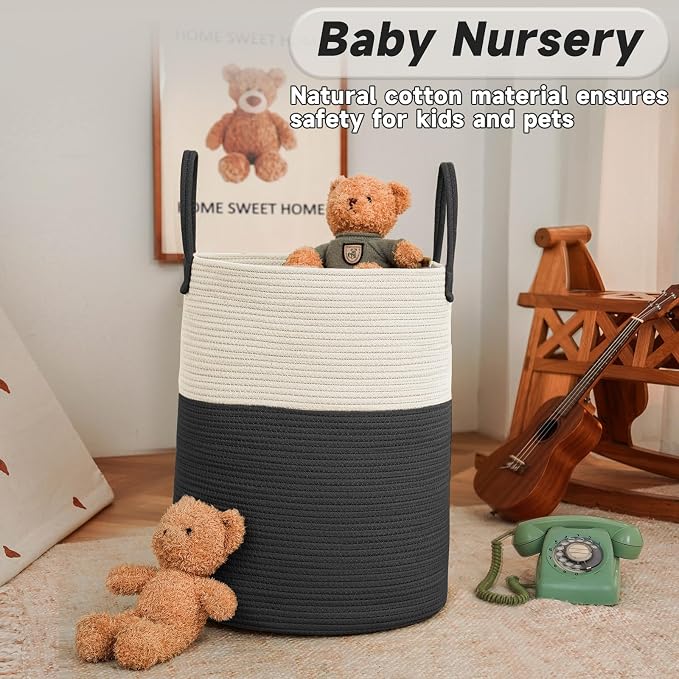 Large Woven Laundry Basket Hamper, 100L Cotton Rope Storage Bin - Image 2