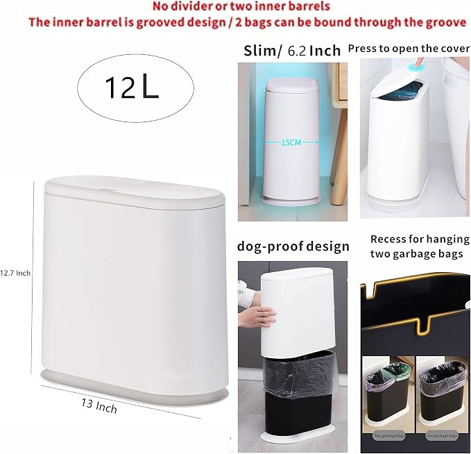 White Slim Bathroom Trash Can - Image 2