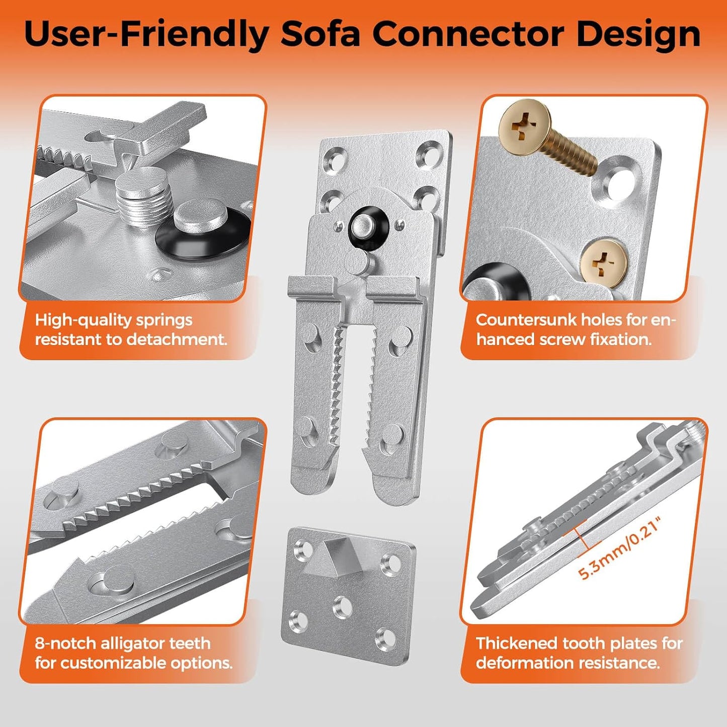 Sectional Couch Connectors, Thickened Interlocking Alligator Couch Connectors to Make Sectional Stay (2 Pack+20 Screws)
