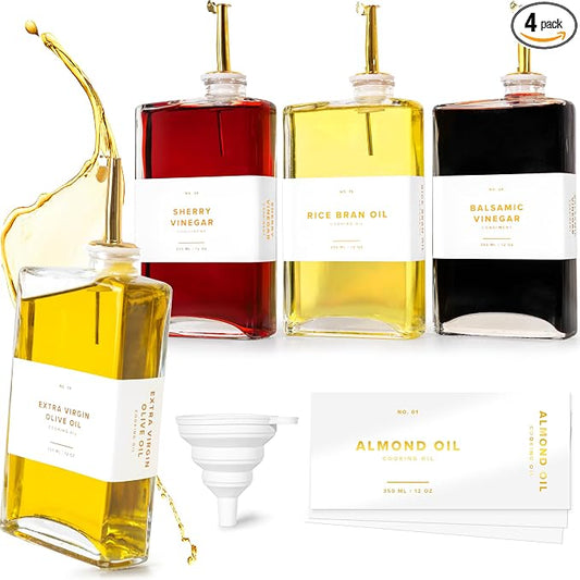 Glass Olive Oil Dispenser Bottle Set: 36 Premium Gold Labels, Oil Dispenser by EDELHAUS