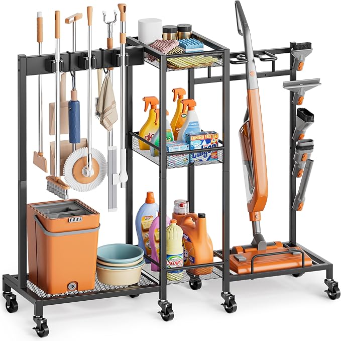 Broom Holder with Cleaning Supplies Organizer, Broom Closet Storage Cabinet by Olakee