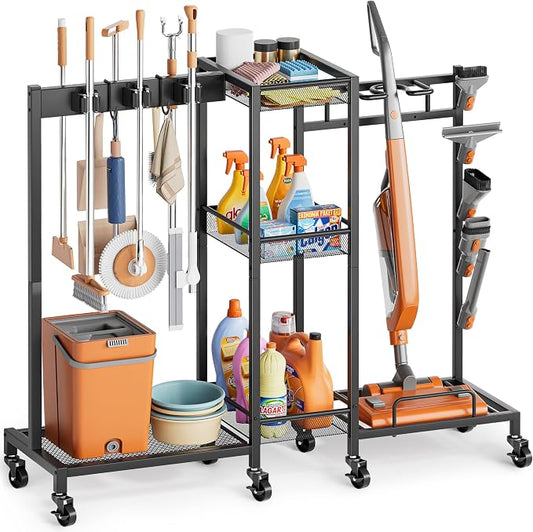 Broom Holder with Cleaning Supplies Organizer, Broom Closet Storage Cabinet by Olakee