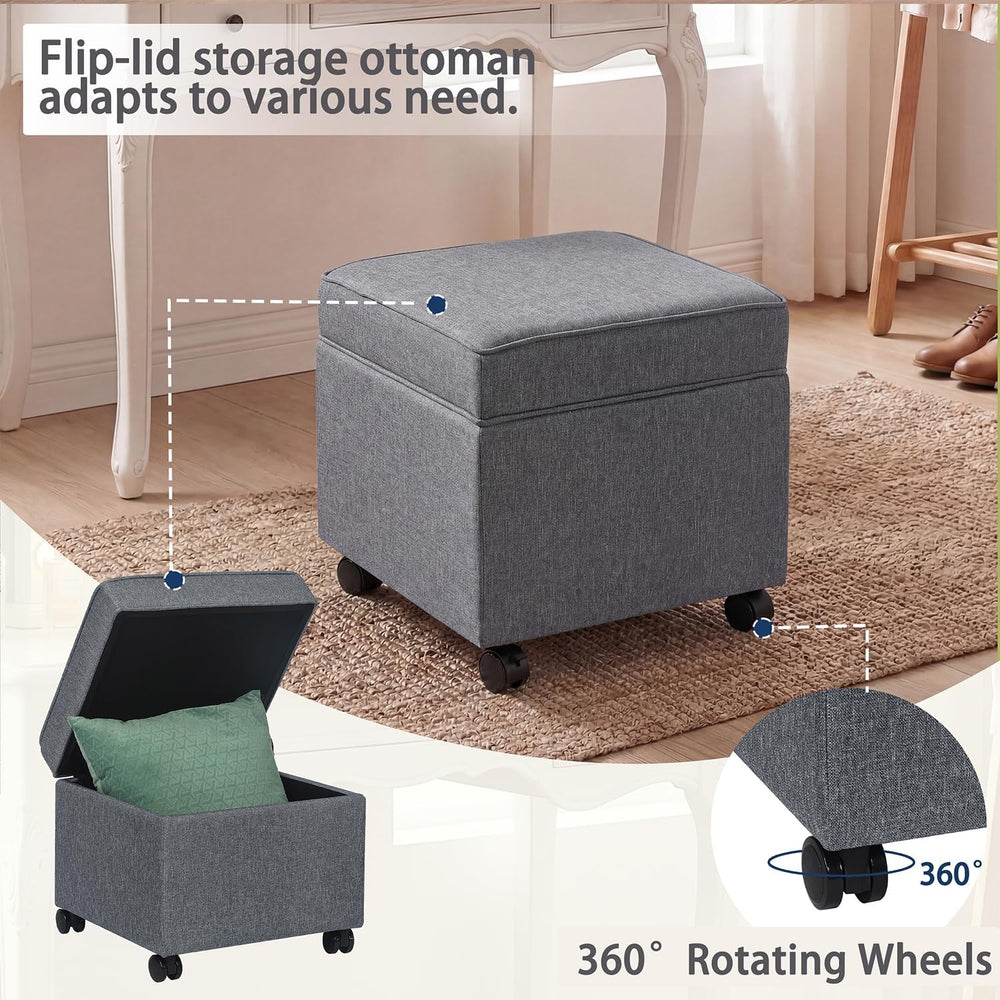 17" Square Storage Ottoman with Wheels, Upholstered Linen Movable Cube F...