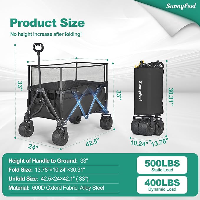 SUNNYFEEL Heavy Duty Collapsible Outdoor Utility Wagon Cart 500LB Capacity - Image 3