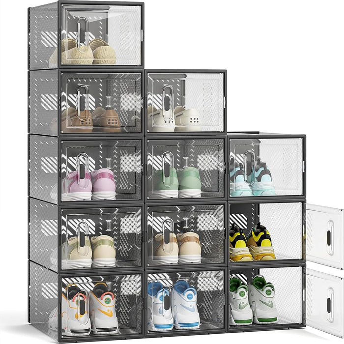 12-Pack Clear Plastic Stackable Shoe Storage Boxes for Sneakers, Boots, for Entryway, Living Room, Bedroom, Garage, Car Trunk, as Shoe Rack Substitute and Display Case for Small Space Organization