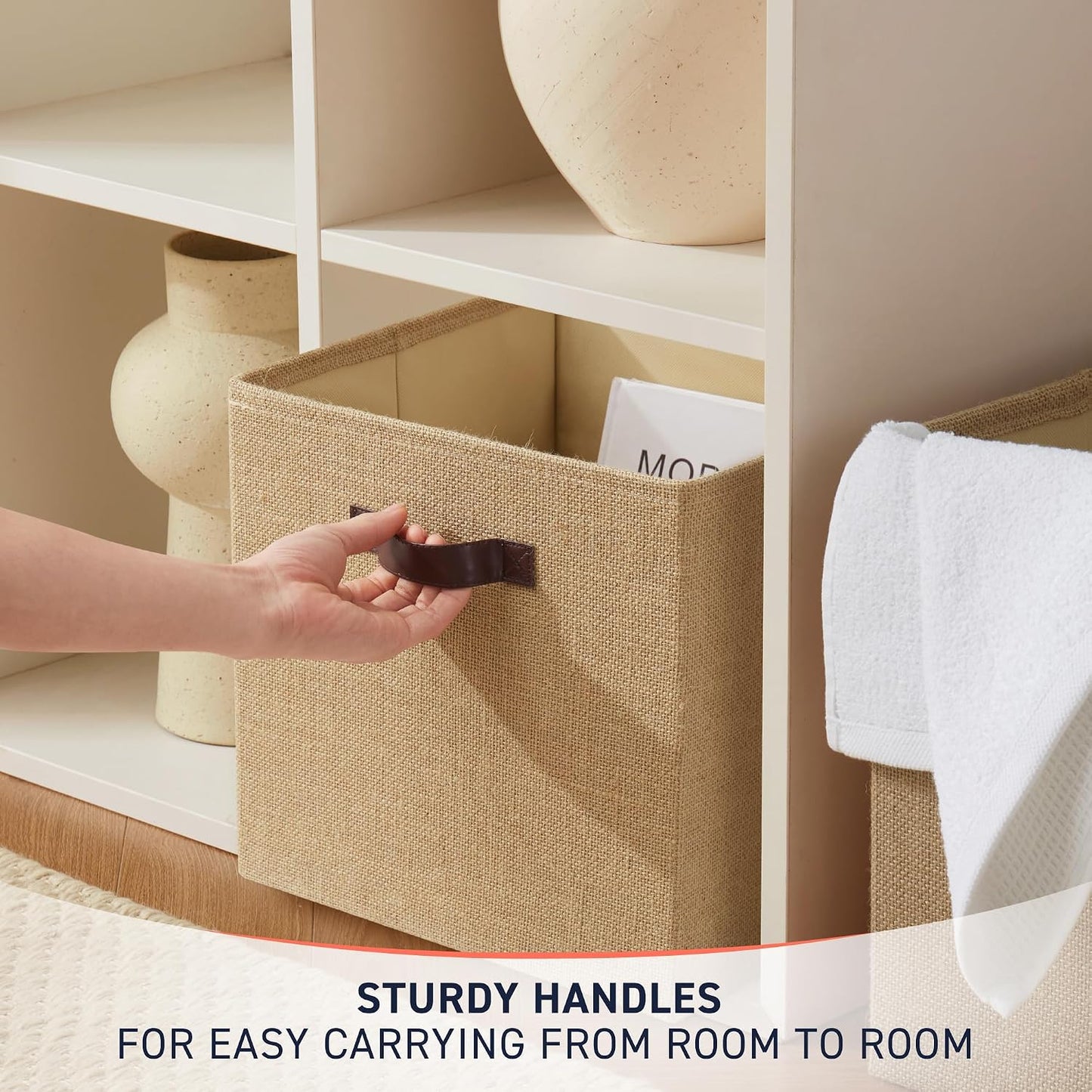 Ornavo Home 10.5x10.5 Jute Storage Cube Bins, 6 Pack, Leather Handles | Foldable Collapsible Fabric Shelf Basket Organizer; Ideal for Closet Storage; Storage Cube Organizers