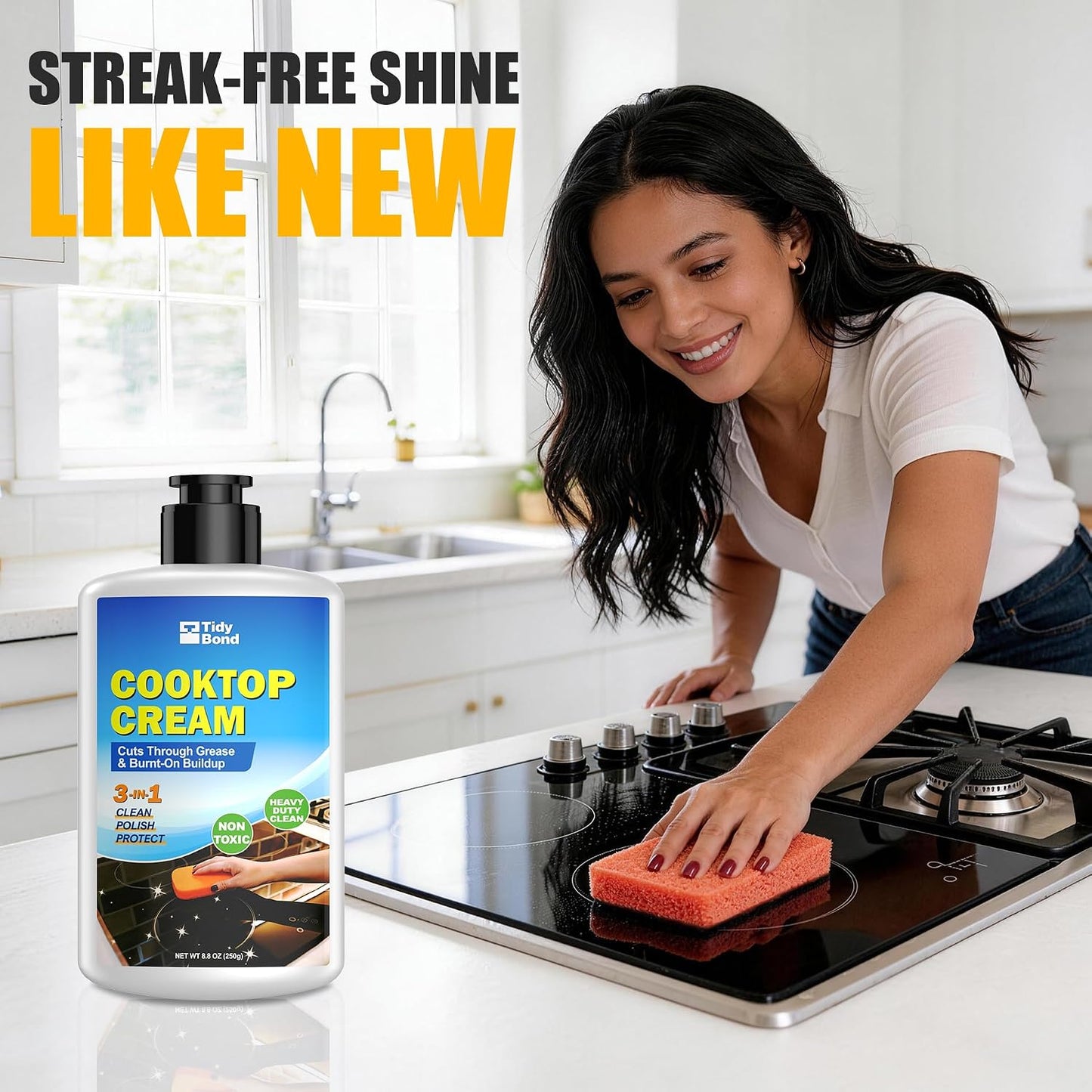 Glass Cooktop Cleaner & Polish Kit, Removes Burnt-On Food & Grease, 8.8 oz | Heavy Duty, Non-Scratch Stove Top Cleaner with Scraper & Scrubbing Pad, Safe for Induction, Electric & Ceramic Cooktops