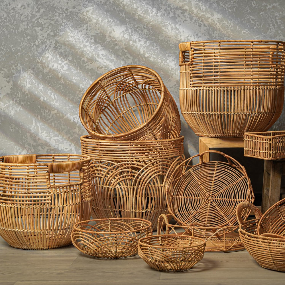 Set Of 2 Large Woven Blanket Baskets With Handles | Round Wicker Rattan Stora...