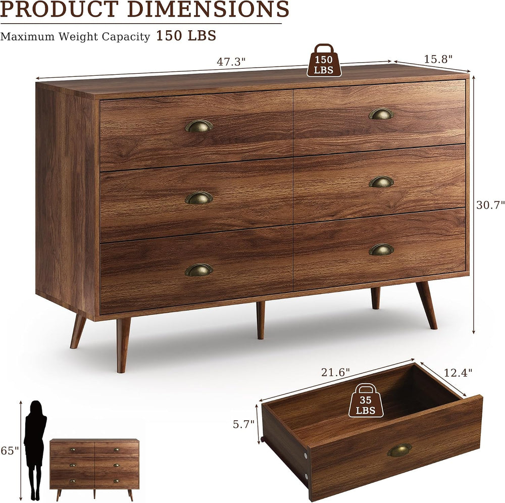 Walnut 6 Drawer Dresser for Bedroom, 47" Wood Dresser with Gold Handles.