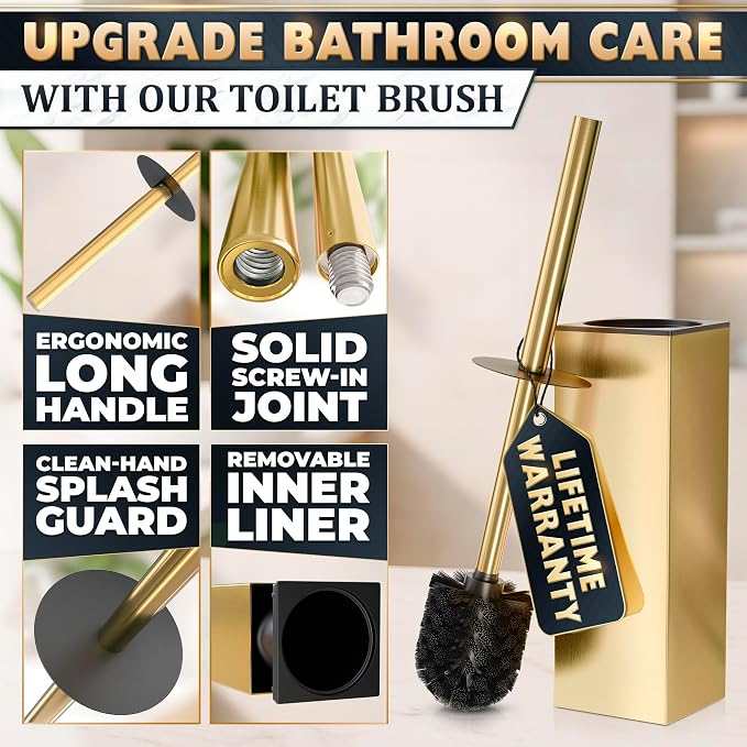 Stainless Steel Toilet Brush and Holder Set Gold & Square Design - Image 4