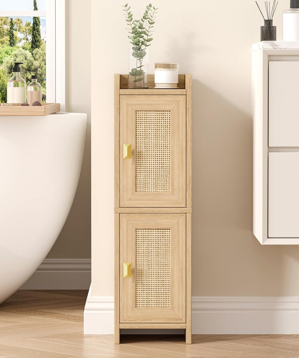 Akxomel Rattan Small Bathroom Cabinet Narrow Toilet Paper Organizer Oak