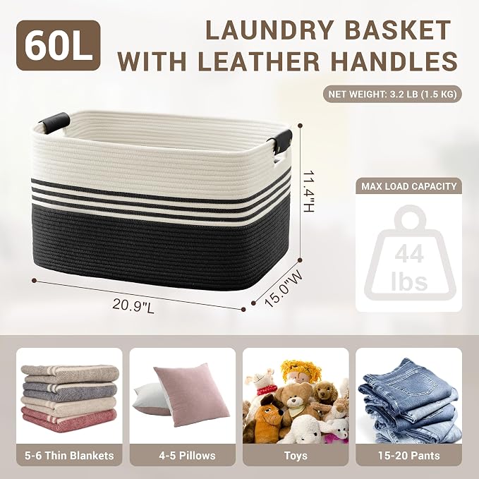 60L Large Laundry Basket with Leather Handles - Image 2