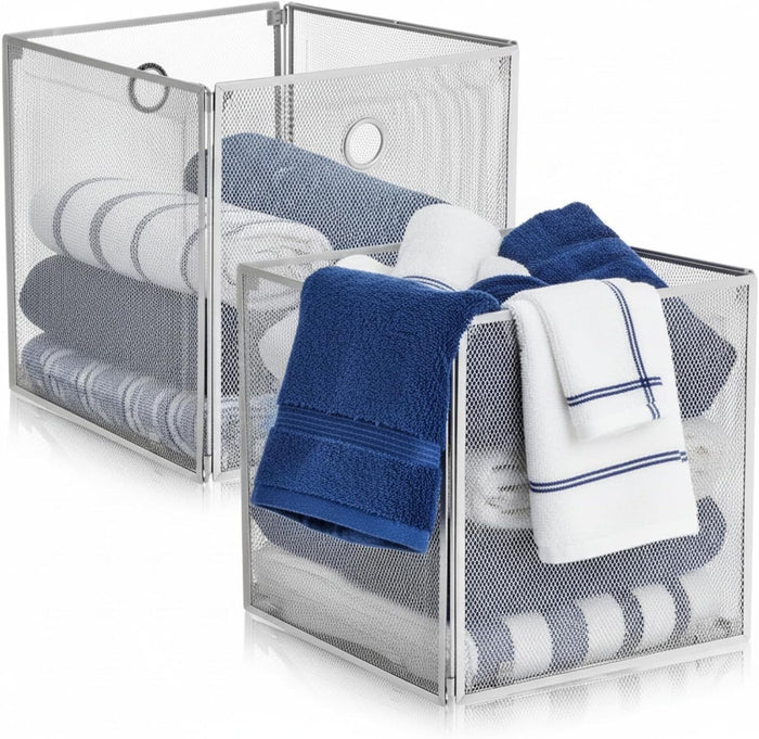 2 Pcs Foldable Metal Cube Storage Baskets, 13x13in, Grey