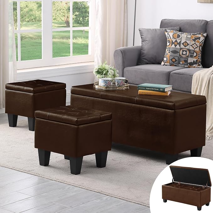 Ottoman with Storage Set of 3, Easy Open & Close w/Safety Hinges, Extra Seating by TASSULLO