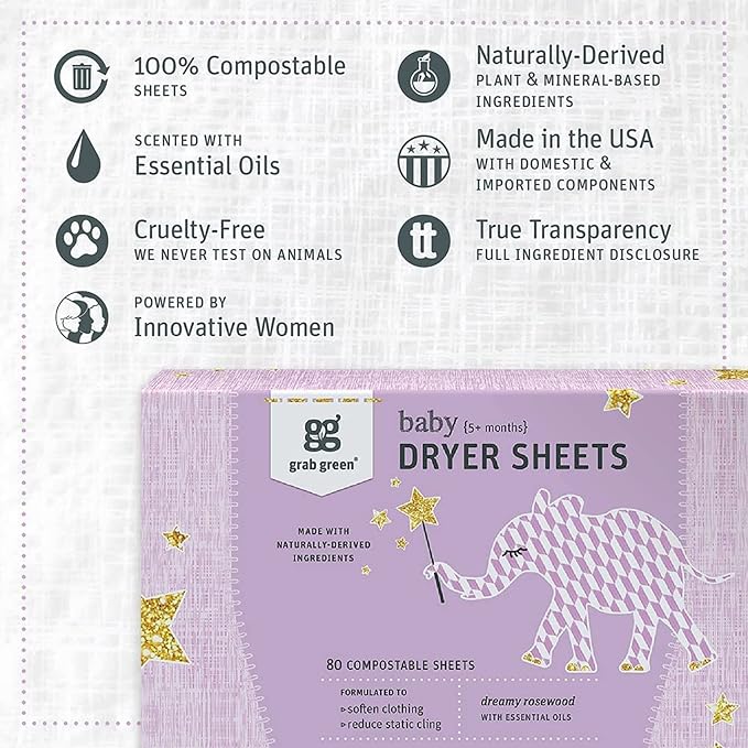 Grab Green Baby Laundry Dryer Sheets, 160 Sheets, Dreamy Rosewood Scent - Image 3