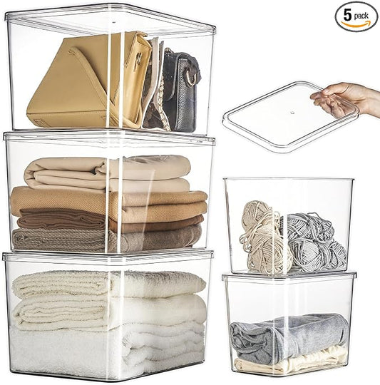 Lidded Plastic Storage Bins Set Clear Desk Basket Box Organizer Kitchen by sgoostood