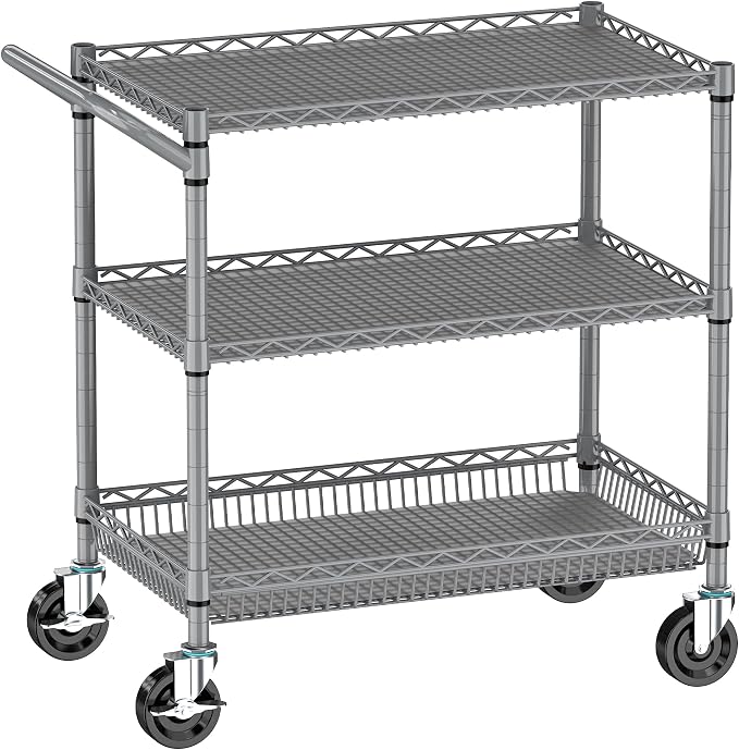 Metal Heavy Duty Carts with Wheels 1050lbs, 3 Tier Rolling Utility Cart with by Alexayhome