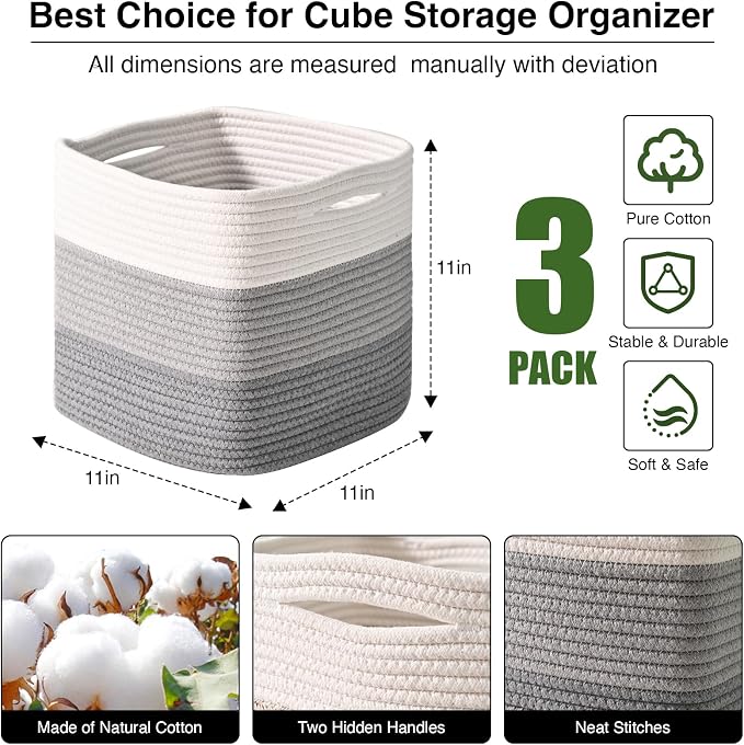 11 Inch Cube Storage Bins, Storage Cube Organizer Bins, Woven Cotton Rope Basket - Image 2