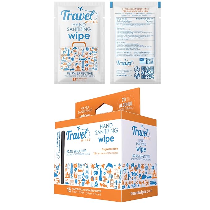 Hand Sanitizing Travel Wipes – 15ct Individually Wrapped | Fragrance-Free by TravelWipes