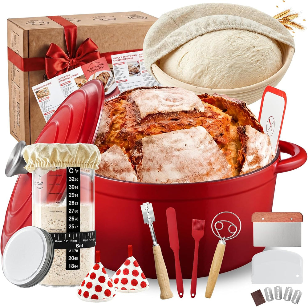Sourdough Starter Kit with Enamel Cast Iron Pot 6.5 QT for Bread Baking