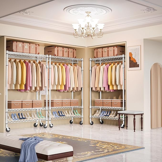 Heavy Duty Rolling Garment Rack 3 Tiers Adjustable Wire Shelving Clothes Rack - Image 3