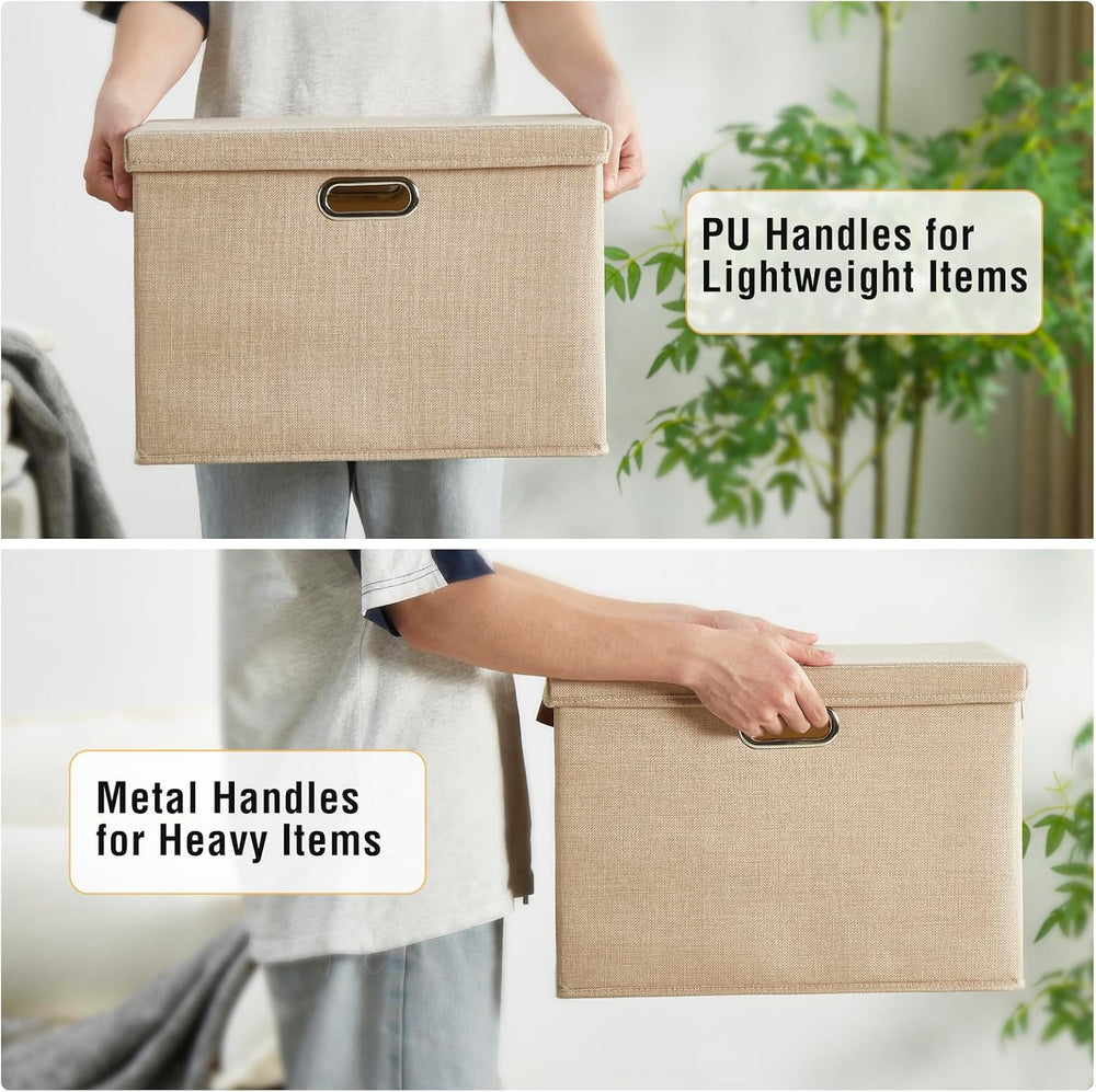 17" Large Fabric Storage Box with Lids, 3-Pack, Khaki