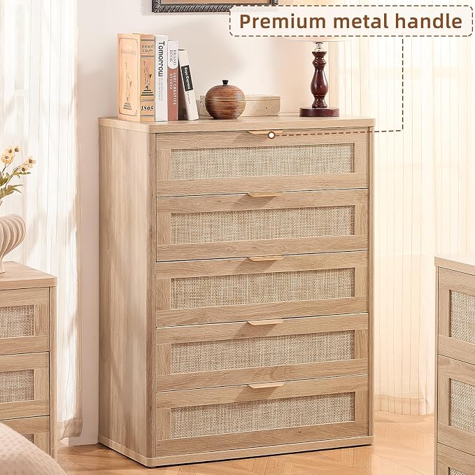 LEYAOYAO Rattan Dresser for Bedroom Set 2, Modern 5 Drawers Boho Dressers - Image 4