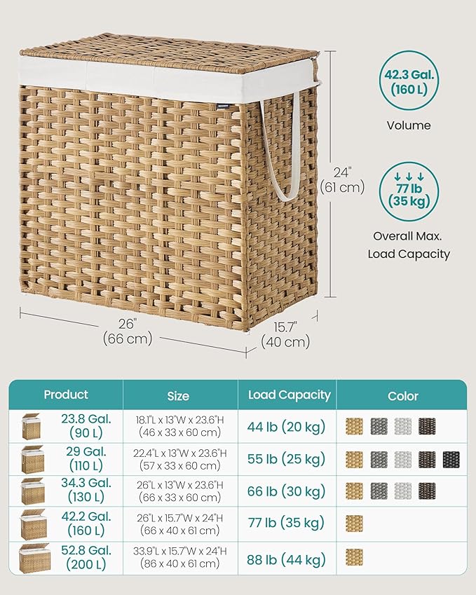 SONGMICS Laundry Hamper with Lid, 160 L Clothes Hamper with 2 Removable Liner - Image 6