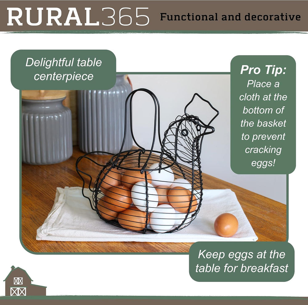 Rural365 Chicken Egg Basket - Chicken Shaped Decorative Black Metal Wire Bask...