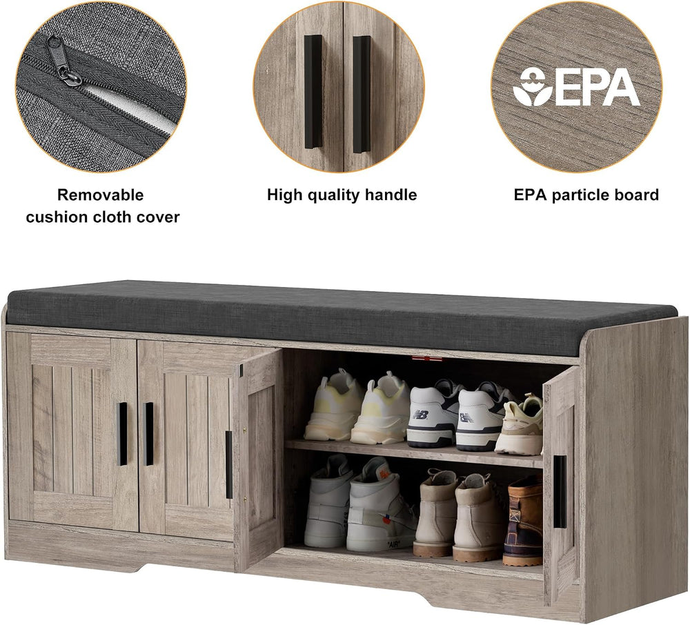 Homleke Shoe Storage Bench, 4 Doors & Thickened Padded Seat Cushion