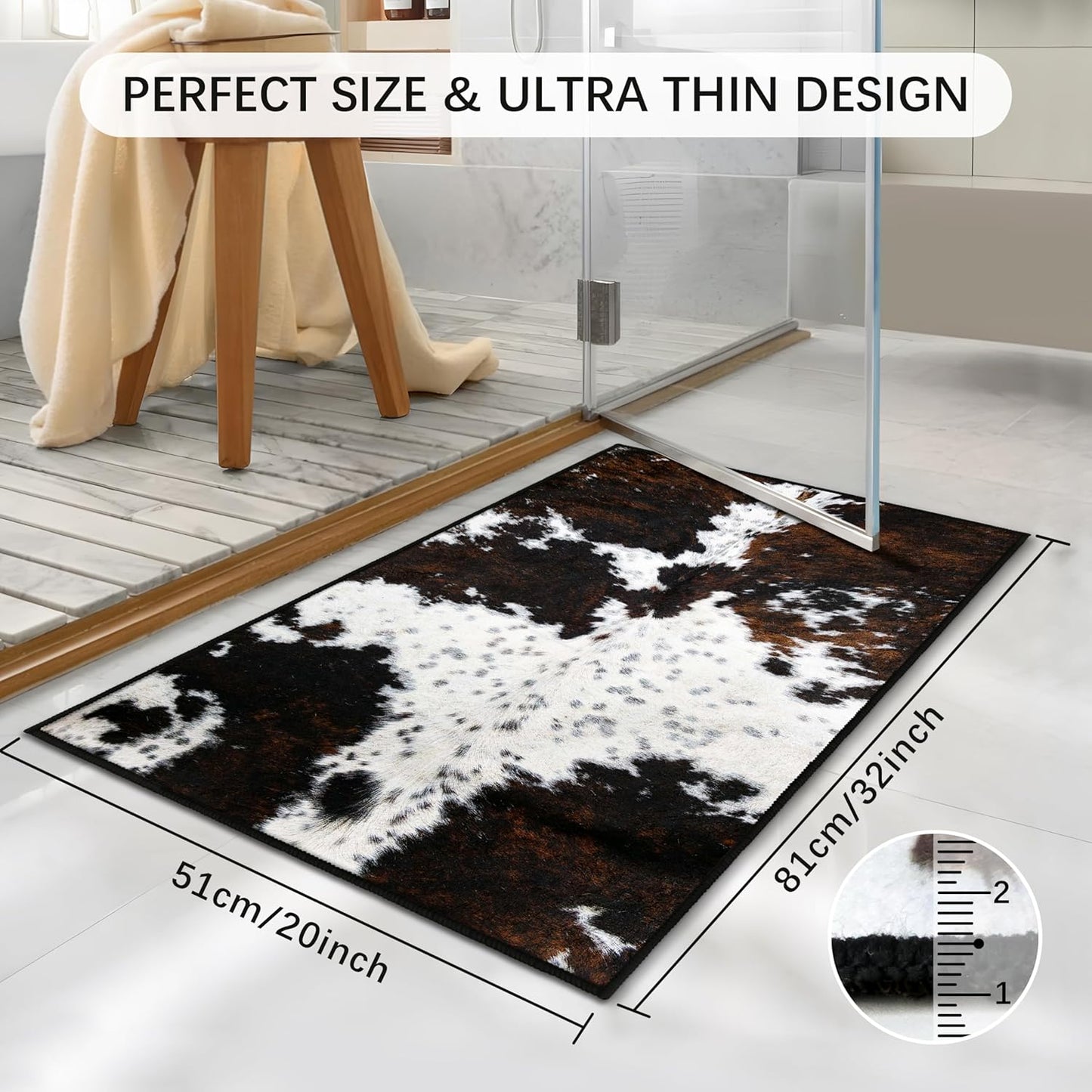 Western Cow Print Bathroom Mat 20x32in Cowhide Soft Thin Bathroom Rugs Fit Under Door Absorbent Non Slip Washable Bath Rugs for Bathtub Shower Sink (Black, 20x32in)