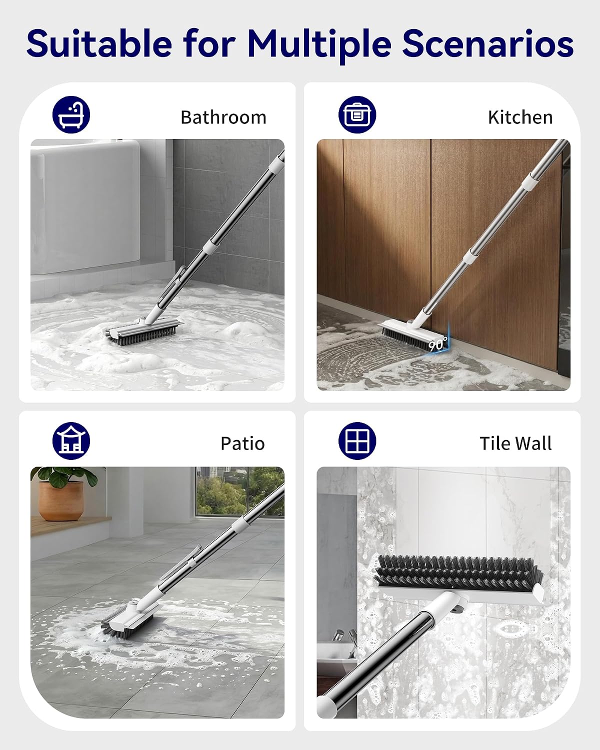3 in 1 Adjustable Small Floor Scrub Brush with Long Handle | 360 rotating head Right-angle Heavy-Duty Stiff Bristle with Squeegee and Tweezer for Cleaning Bathroom Tile Patio and Kitchen