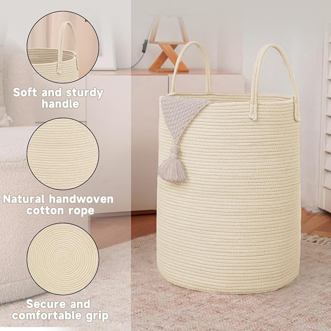Large Woven Laundry Basket Hamper, 100L Cotton Rope Storage Bin - Image 6