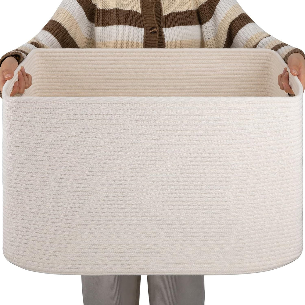 OIAHOMY 96L XXXLarge Blanket Basket Woven Cotton Rope Storage Basket White