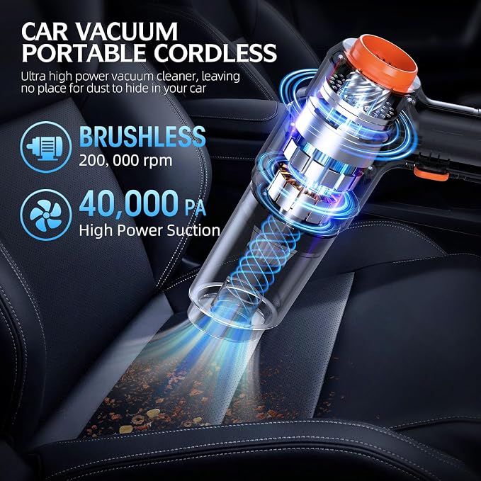 Car Vacuum Portable Cordless, 40000Pa High Power Dust Buster, 6-in-1 Handheld - Image 2