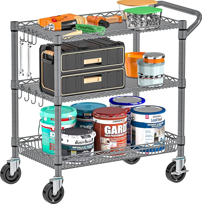 Metal Heavy Duty Carts with Wheels 1050lbs, 3 Tier Rolling Utility Cart with - Image 6