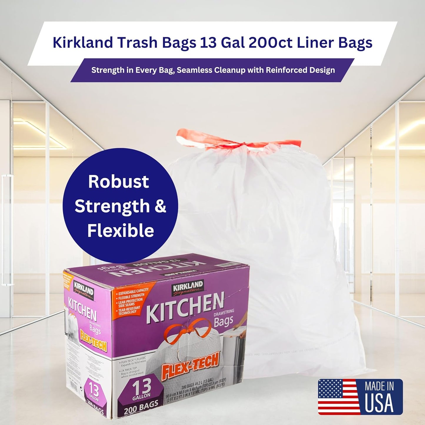 Worldwide Nutrition Bundle Compatible with Kirkland Signature Flex-Tech 13 Gallon Kitchen Garbage Bags with Drawstring Closure - 200 Count Pack of Tall Trash Bags for Kitchen with Keychain