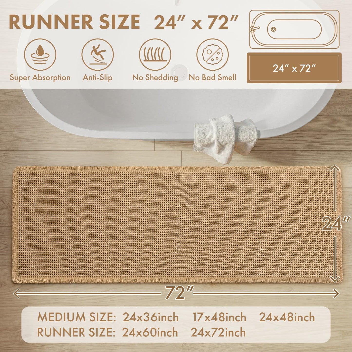 MIULEE Waffle Bathroom Runner Rugs, Super Absorbent Non Slip Bath Rug, Upgraded Soft Quick Dry Washable Boho Long Bath Mat with Tassels for Hallway Laundry Room Bedroom, 2'x6' (24"x72"), Brown